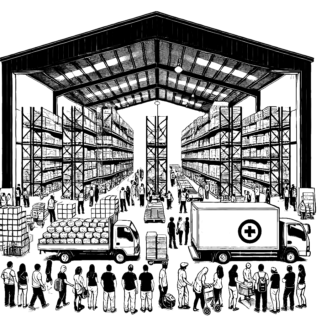 Illustration of a busy relief warehouse with shelving, pallets, delivery trucks, and volunteers